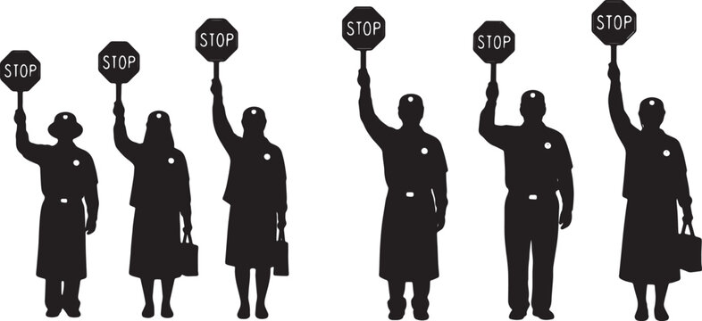 Black Solid Crossing Guards Stop Signs Silhouettes Set of Six on White Background