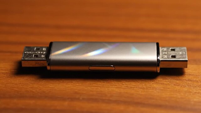 Sleek metallic universal serial bus flash drive with dual connectors, a modern portable data storage device for efficient digital file transfer on a warm wooden surface