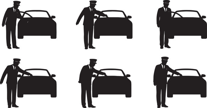 Black Solid Elegant Chauffeurs Opening Door Silhouettes Set of Six on White Background