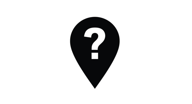 A simple black and white graphic depicts a location pin with a white question mark inside symbolizing uncertainty high quality professional