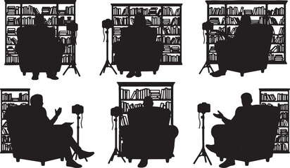 Obraz premium Black Solid Book Reviewer Bookshelf Setup Silhouettes Set of Six on White Background