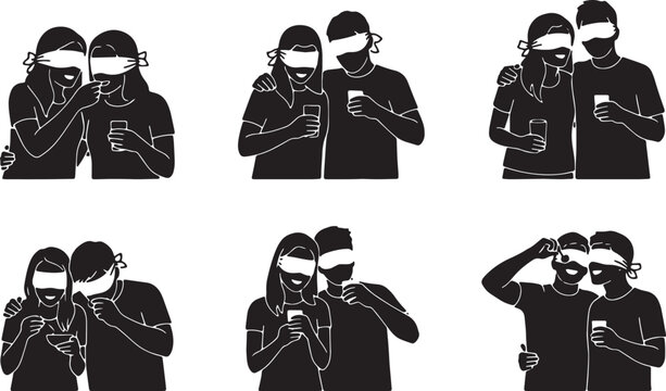 Black Solid Blind Taste Test Couple Wide Camera Silhouettes Set of Six on White Background