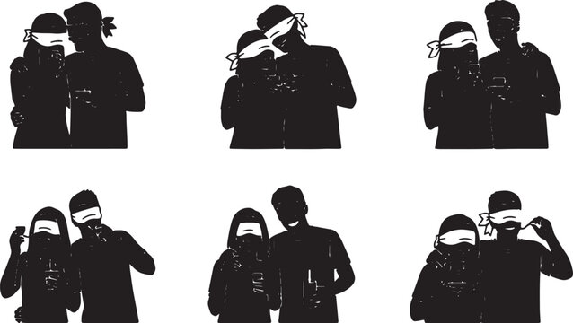 Black Solid Blind Taste Test Couple Wide Camera Silhouettes Set of Six on White Background