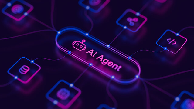 AI workflow automation artificial intelligence agent software interface nodes triggers data tool dashboard coding icon flow process database technology 3d rendering.