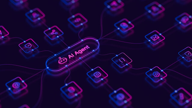 AI workflow automation artificial intelligence agent software interface nodes triggers data tool dashboard coding icon flow process database technology 3d rendering.