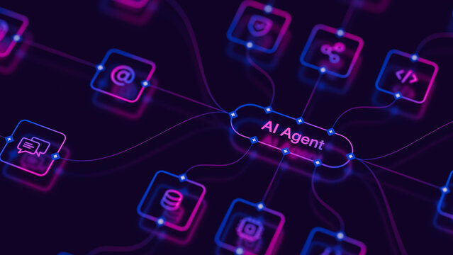 AI workflow automation artificial intelligence agent software interface nodes triggers data tool dashboard coding icon flow process database technology 3d rendering.