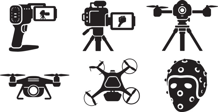 Black Solid Cinematic Virtual Camera Systems Silhouettes Set of Six on White Background