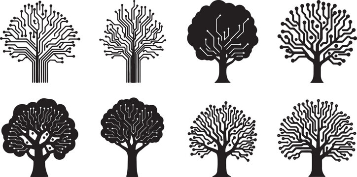 Black Solid Circuit Board Tree Silhouettes Set of Six on White Background