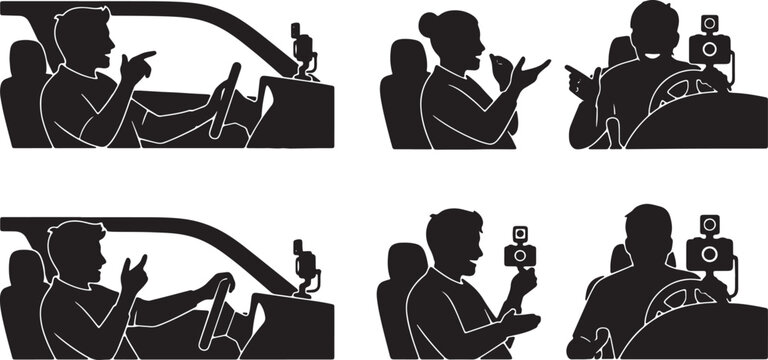 Black Solid Car Vlogger Dashboard Camera Silhouettes Set of Six on White Background