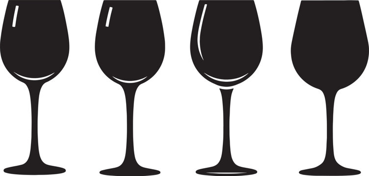 Black Solid Close-Up Wine Glasses Silhouettes Set of Six on White Background