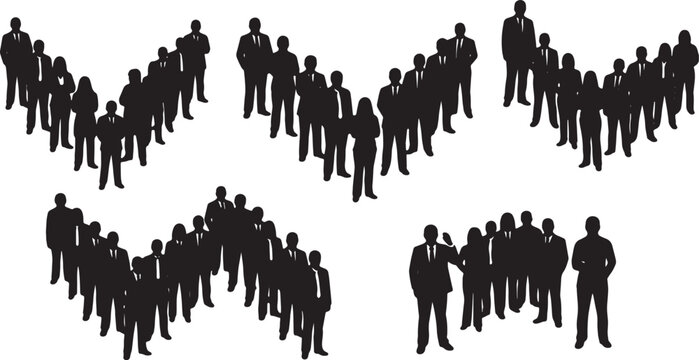 Black Solid Confident Manager V Formation Silhouettes Set of Six on White Background
