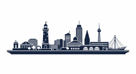 Obraz premium Cityscape Silhouette of Iconic Buildings and Lighthouse.