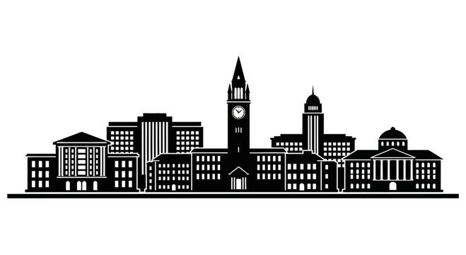 Cityscape Silhouette of Architectural Buildings with Clock Tower.