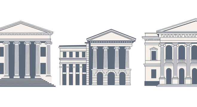 Classical Architecture Facades with Columns and Pediments.