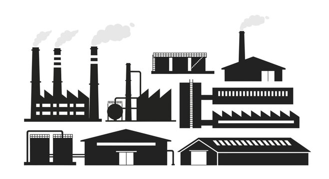 Collection of Industrial Factory Buildings Silhouettes.