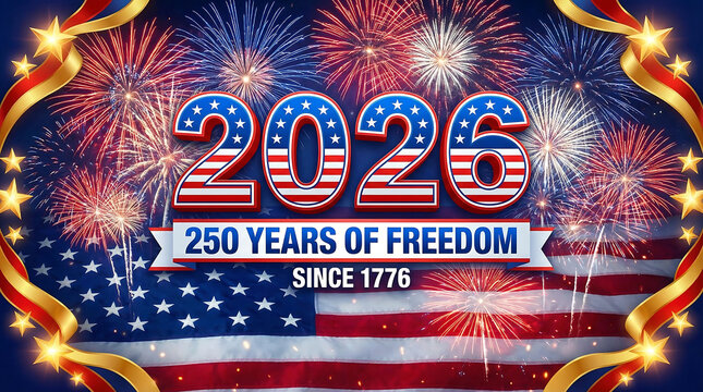 Independence day celebration background with fireworks and american flag design for 2026 250th anniversary of freedom
