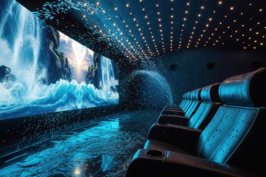 Immersive cinema with waterfall screen and water effects on seats theater