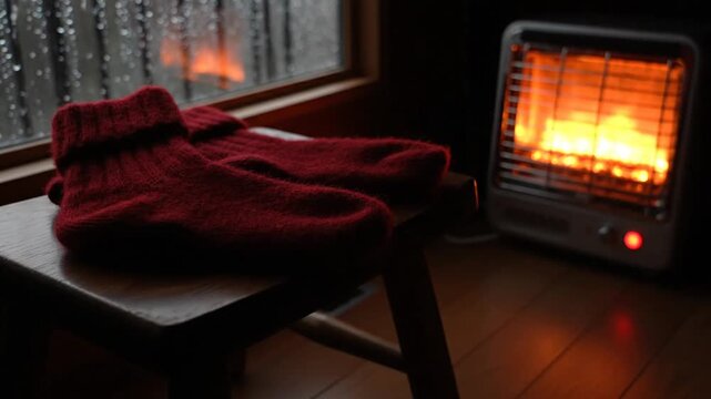 A pair of red wool socks rests on a wooden stool near a glowing electric heater on a rainy day, creating a cozy and warm indoor atmosphere.