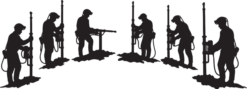 Black Solid Coal Miner Pneumatic Drill Role Silhouettes Set of Six on White Background