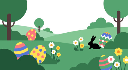 Naklejka premium easter egg hunt with a cute easter bunny in a vibrant spring landscape celebrating the holiday season.