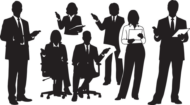 Black Solid Corporate Directors Remote Clickers Silhouettes Set of Six on White Background