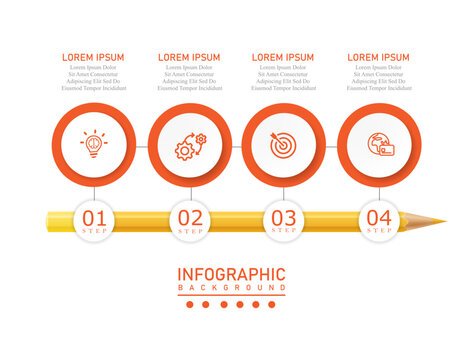 Creative horizontal pencil infographic design showcasing step by step workflow using stylish circle icons for clarity