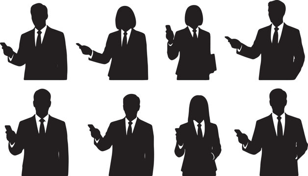 Black Solid Corporate Directors Remote Clickers Silhouettes Set of Six on White Background