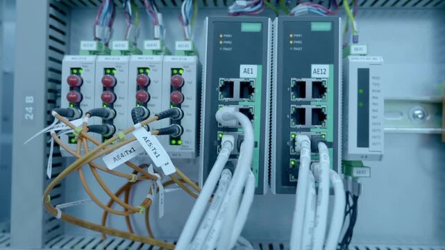 Telecommunications equipment with Internet traffic controllers with multiple wires and flashing indicators. Closeup. Shot in motion