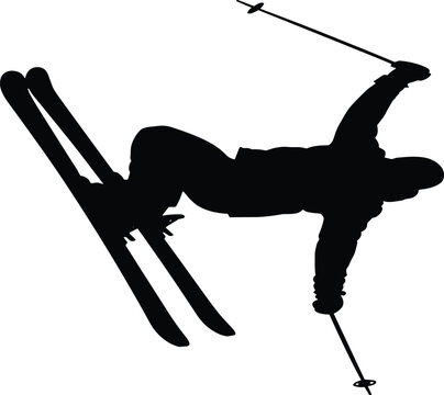 Silhouette skier performing aerial jump freestyle skiing trick airborne dynamic posture winter sports vector illustration design artwork motion