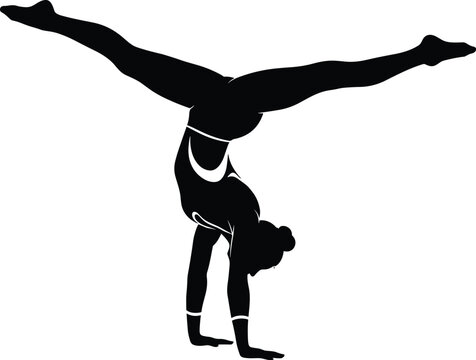 Silhouette vector of gymnast performing handstand split pose in leotard showcasing balance, strength, flexibility, elegance, fitness and control.