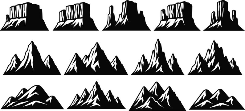 Stylized mountain and mesa silhouettes jagged peaks desert plateaus snow capped formations geology landscape vector illustration design artwork