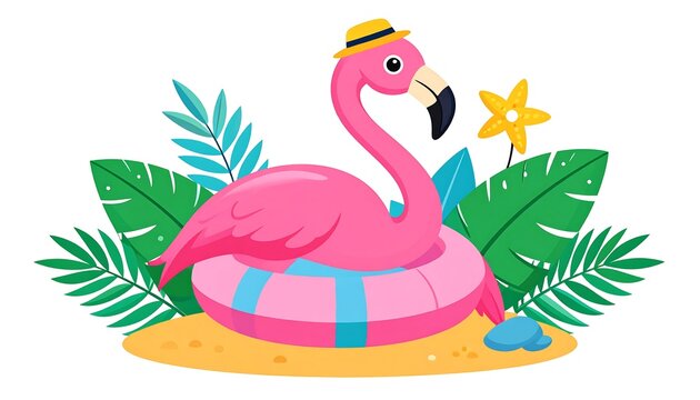 Pink flamingo floatie with tiny hat, leafy plants, on sand