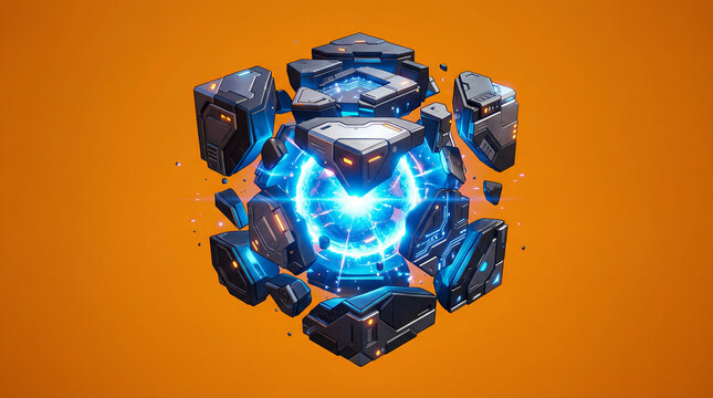 A futuristic illustration of glowing blue cubes exploding in orange space