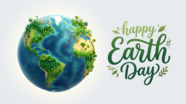 A detailed pixel art representation of planet earth accompanied by festive earth day lettering
