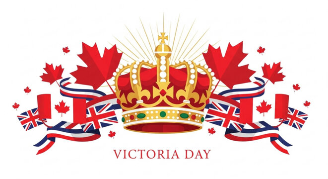 Victoria day celebration with crown maple leaves and british flags on white background