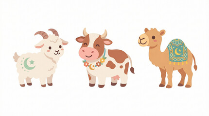 Obraz premium Adorable cartoon farm animals a cheerful goat with crescent moon symbols a spotted cow adorned with a floral garland and a friendly camel wearing a decorative saddle