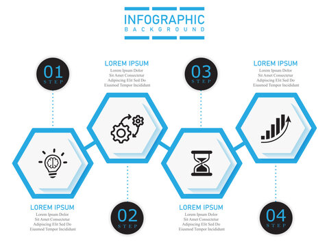 Business template with hexagonal vector elements in up-down direction | 4 steps timeline marketing chart with icon | Modern blue-black diagram vector illustration for organization 
