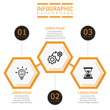 Business infographic template with hexagonal shape vector elements in up-down direction | 3 steps timeline marketing chart with icon | Modern orange diagram vector illustration for organization 