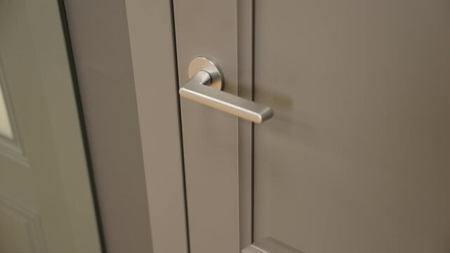 A close up shot of a contemporary silver metal door handle on a modern gray interior door. The camera slowly zooms in on the stylish hardware, showing design and security details