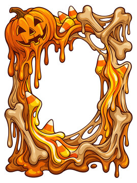Melting Halloween frame with carved pumpkin, candy corn, dripping bones, and eerie organic edges, creating a spooky empty center for party invitation, greeting, poster, or seasonal banner