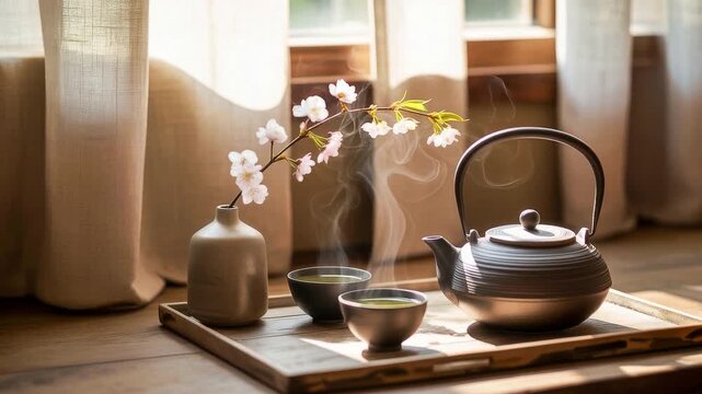 A serene tea setting with a steaming teapot, two cups of green tea, and a vase with delicate white blossoms on a wooden tray.