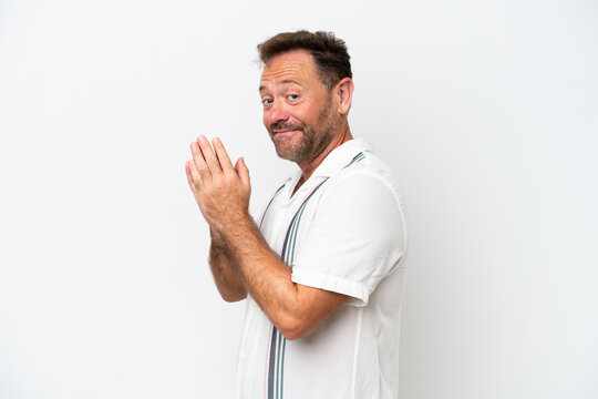 Middle age caucasian man isolated on white background scheming something