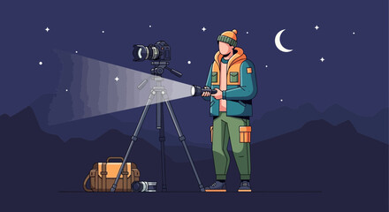 Naklejka premium Man filming night sky with camera on tripod.