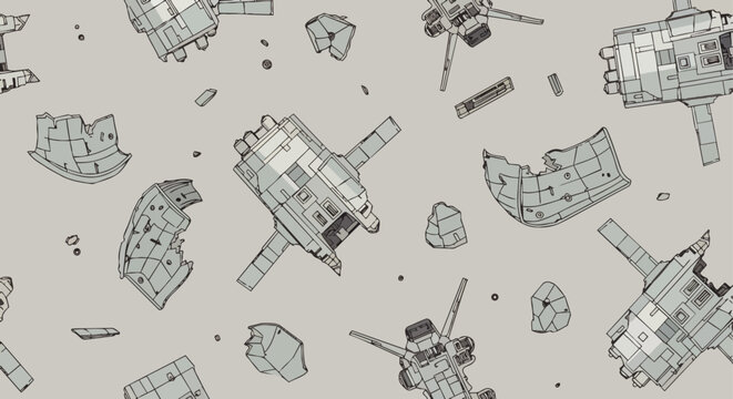 space debris mechanical parts broken spaceship fragments floating scattered illustrating technological waste orbital junk and future technology design.