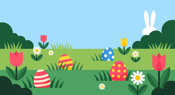 easter egg hunt scene with colorful decorated eggs in a vibrant green field surrounded by spring flowers and a peeking easter bunny ideal for holiday designs.