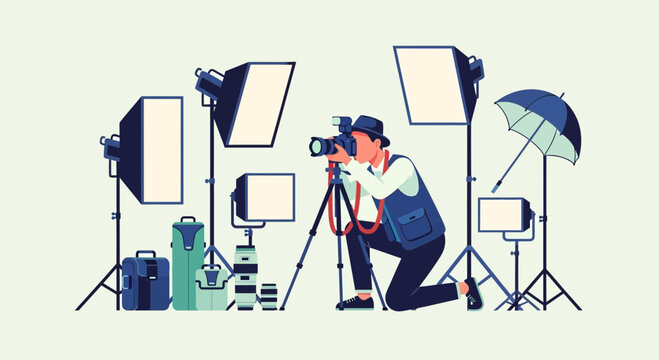 Photographer Capturing Moment with Professional Studio Equipment.