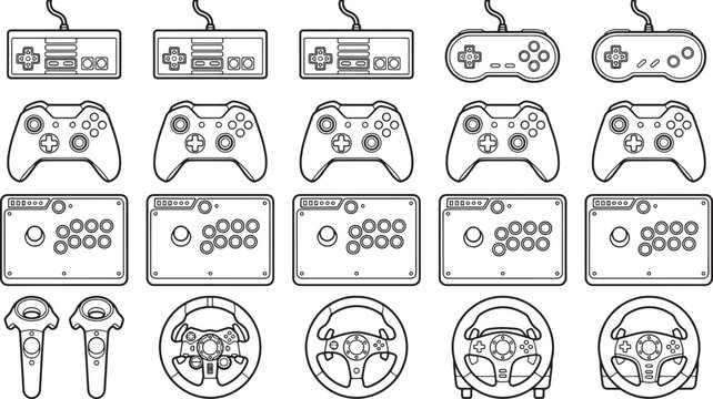 Array of different gaming controllers displayed in rows, creating a pattern.
