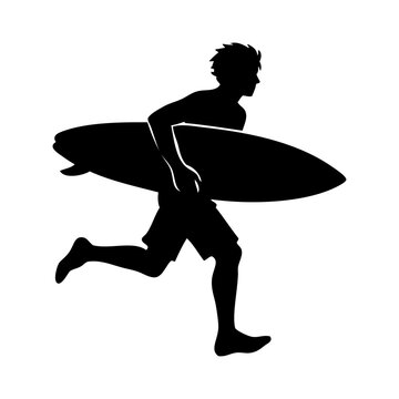 Vacaciones en la playa. Logo club de surf. Dibujo con silueta de un chico joven corriendo con una tabla de surf bajo el brazo 