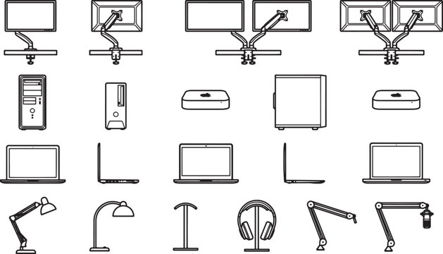 A graphic set of various modern office equipment, displayed in a minimalistic monochrome style, ready to enhance the visual of modern workspaces.