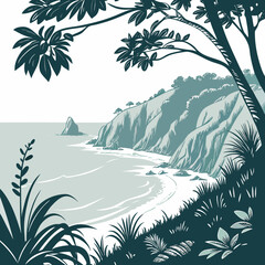 Teal illustration of a serene coastal landscape with cliffs, beach, and lush vegetation under a white sky © hhh